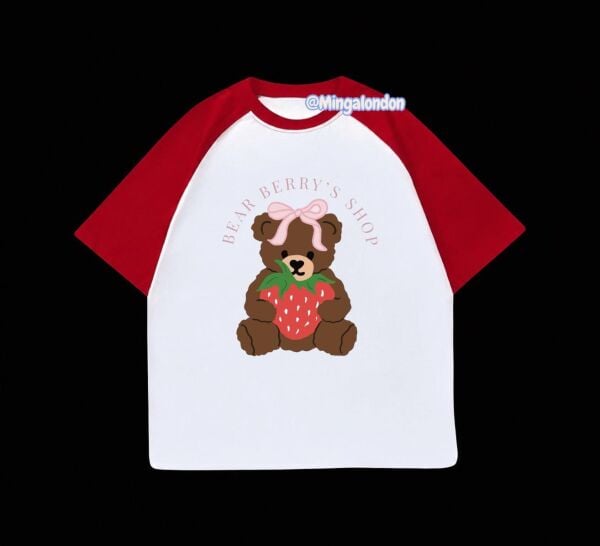 Kırmızı Reglan Kol Bear Berry's Shop Baskılı T-Shirt