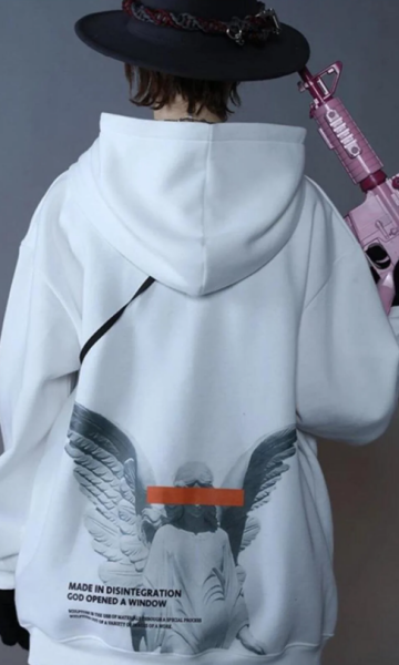 Retro Angel Baskılı Kapşonlu Beyaz Sweatshirt