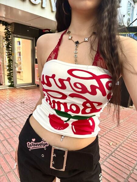 Dantelli Beyaz Cherry Bomb Askılı Crop