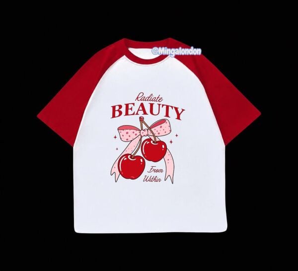 Kırmızı Reglan Kol Radiate Beauty Kiraz Baskılı T-Shirt