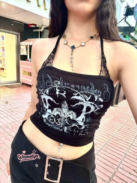 Dantelli Siyah Goth Askılı Crop