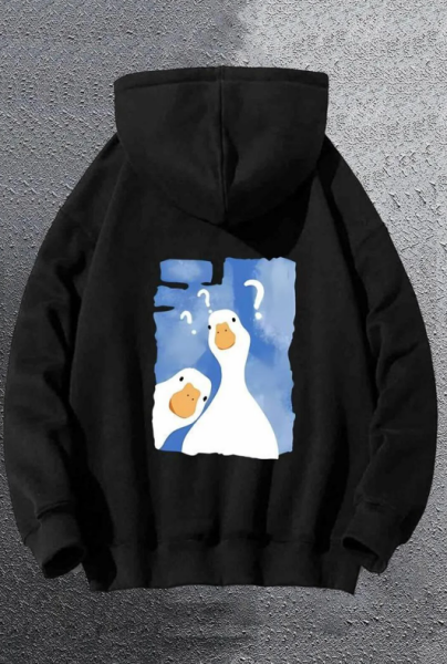 Sırt Baskılı Cute Duck Siyah Kapşonlu Sweatshirt