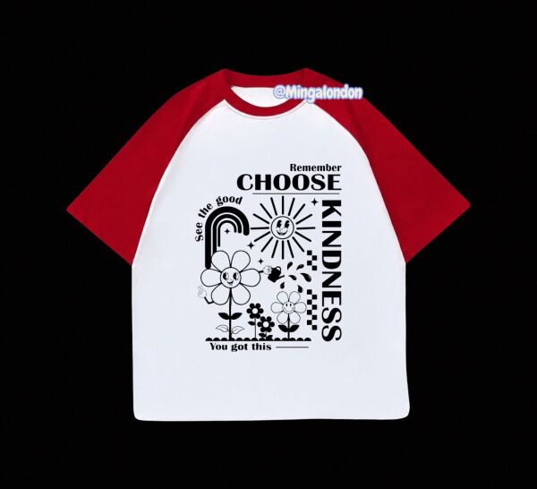 Kırmızı Reglan Kol Remember Choose Kındness Baskılı T-Shirt