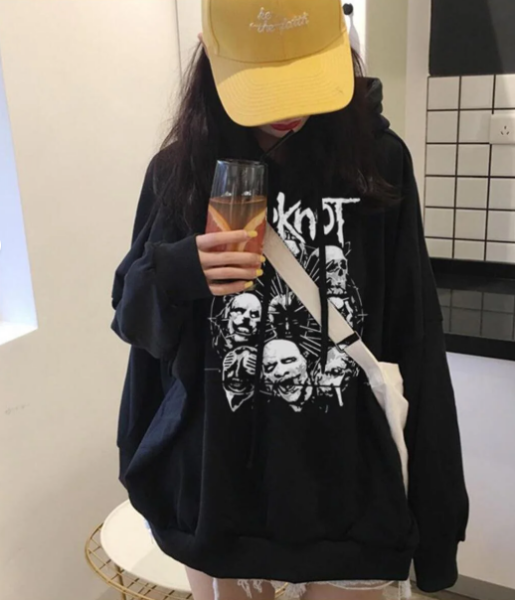 Slipknot Skulls Baskılı Siyah Unisex Oversize Kapüşonlu Sweatshirt