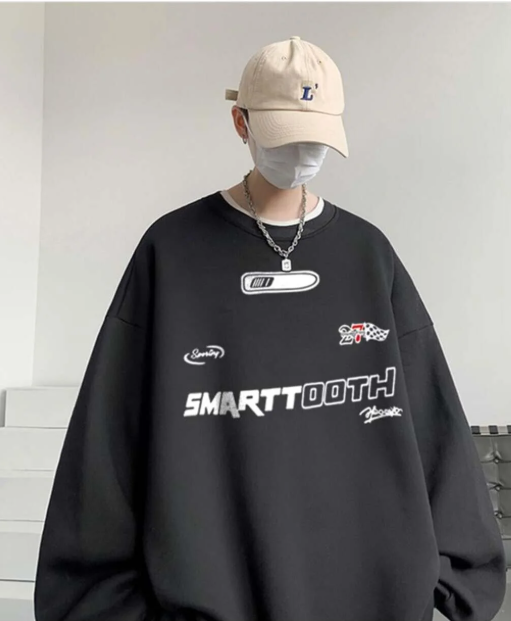 Smarttooth Baskılı Siyah Unisex Oversize Bisiklet Yaka Sweatshirt