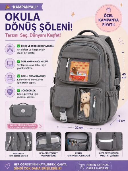 Color Bags 13'' Laptop Bölmeli 2'li Okul Çantası Seti - Gri