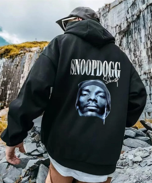 SnoopDogg Baskılı Siyah Unisex Oversize Kapüşonlu Sweatshirt