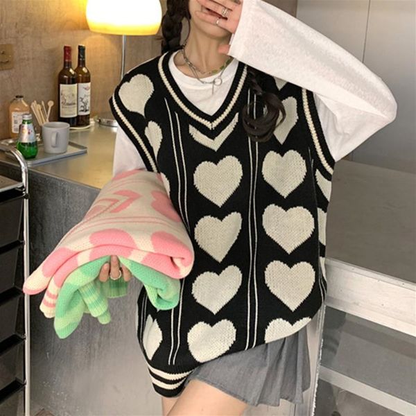 Kawaii Harajuku Kalp Desenli V Yaka Oversize Süveter