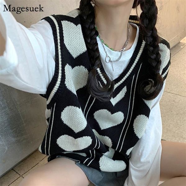 Kawaii Harajuku Kalp Desenli V Yaka Oversize Süveter