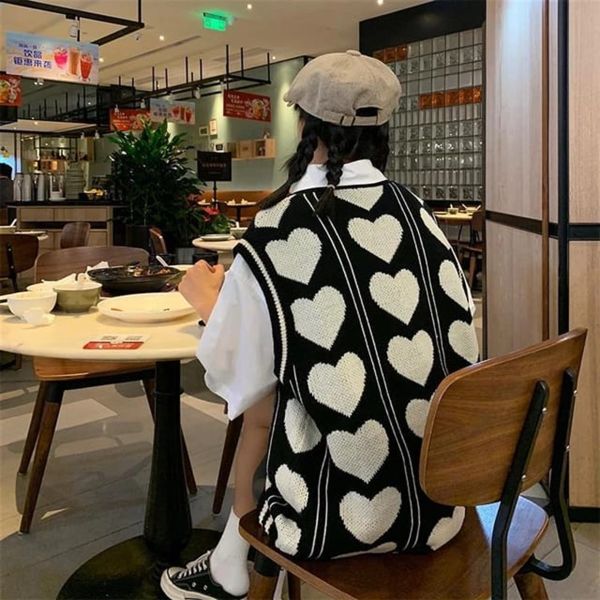 Kawaii Harajuku Kalp Desenli V Yaka Oversize Süveter