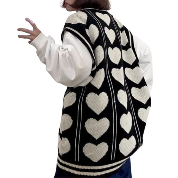 Kawaii Harajuku Kalp Desenli V Yaka Oversize Süveter