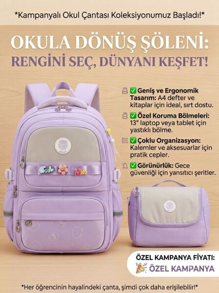 Color Bags 13'' Laptop Bölmeli 2'li Ve Kalemlikli Okul Çantası Seti - mor