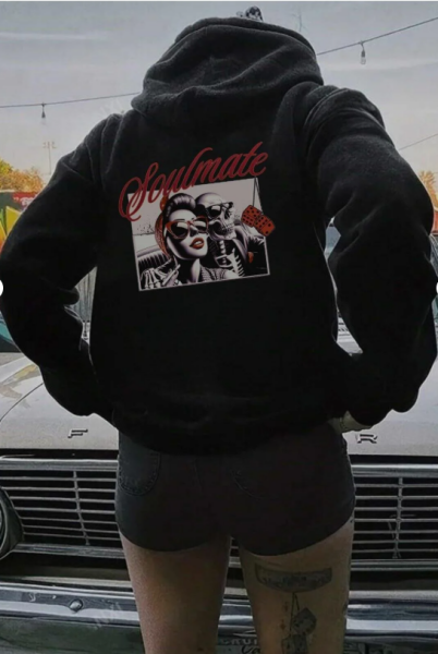 Soul Mate Baskılı Siyah Kapşonlu Sweatshirt