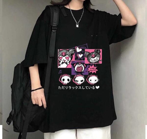Kuromi I Love This Song Baskılı Siyah T-Shirt