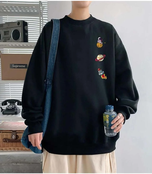 Space Things Baskılı Siyah Unisex Oversize Bisiklet Yaka Sweatshirt