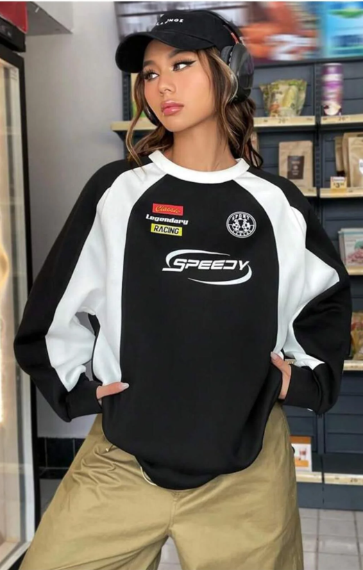 Speedy Baskılı Line Detail Unisex Oversize Bisiklet Yaka Siyah Sweatshirt