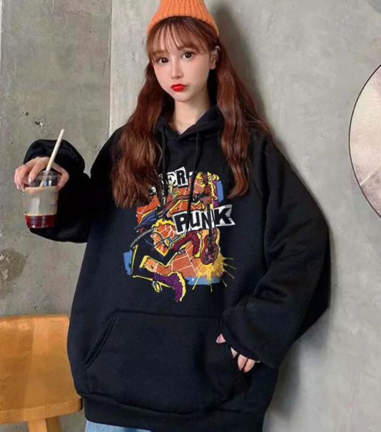 Spider Punk Baskılı Siyah Unisex Oversize Kapüşonlu Sweatshirt
