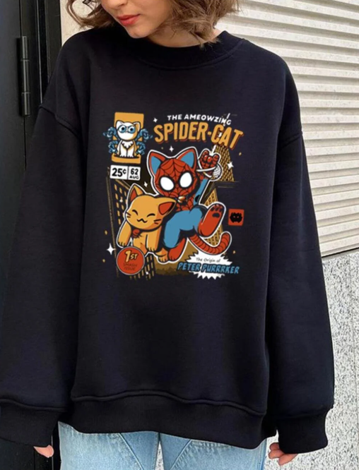 Spider-Cat Baskılı Siyah Unisex Oversize Bisiklet Yaka Sweatshirt