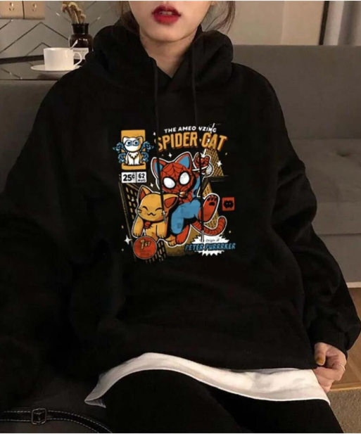 Spider-Cat Baskılı Siyah Unisex Oversize Kapüşonlu Sweatshirt