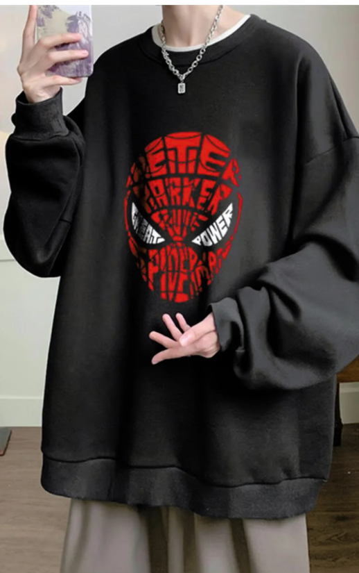Spider-Man Head Baskılı Siyah Unisex Oversize Bisiklet Yaka Sweatshirt