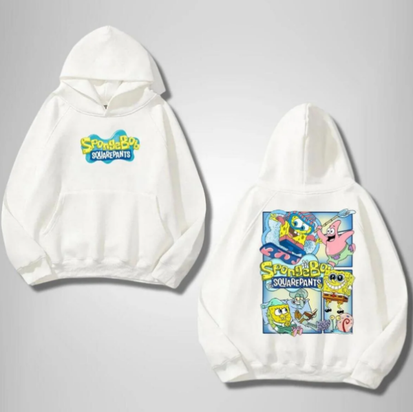 SpongeBob Friends Ön Arka Baskılı Beyaz Kapşonlu Sweatshirt
