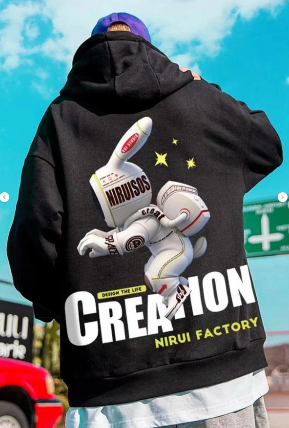 Street Wear Alien Rabbit Baskılı Oversize Unisex Siyah Kapşonlu Hoodie Sweatshirt