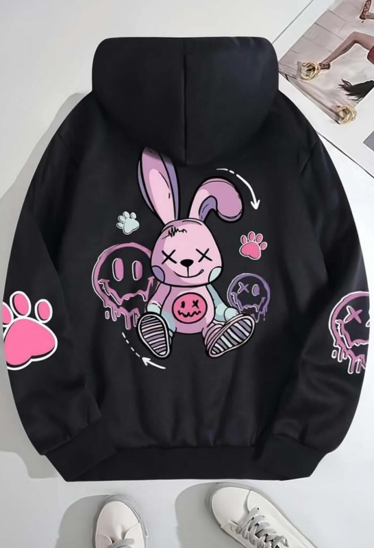 Street Wear Cartoon Rabbit Baskılı Oversize Unisex Siyah Kapşonlu Hoodie Sweatshirt
