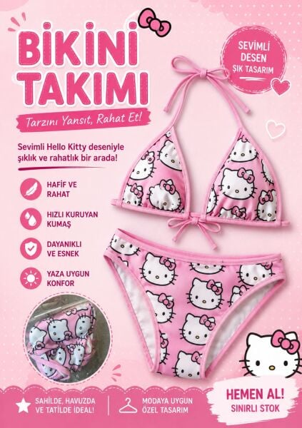 Hello Kitty Desenli Bikini Takımı