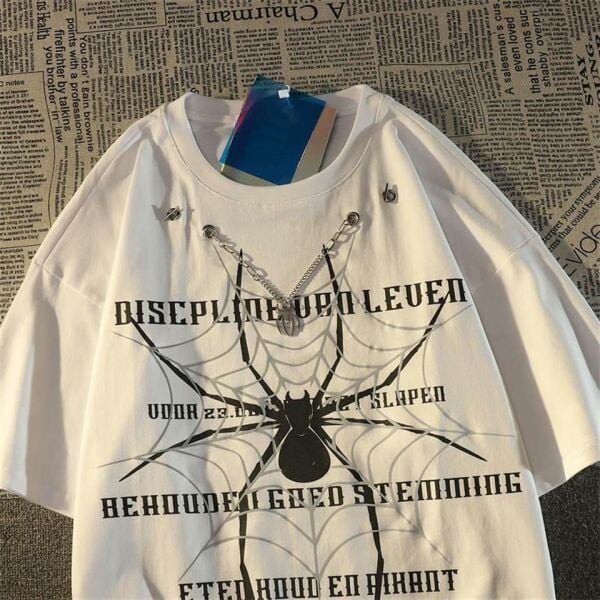 Spider Zincir Detaylı Spider Baskılı Beyaz Unisex Oversize T-shirt