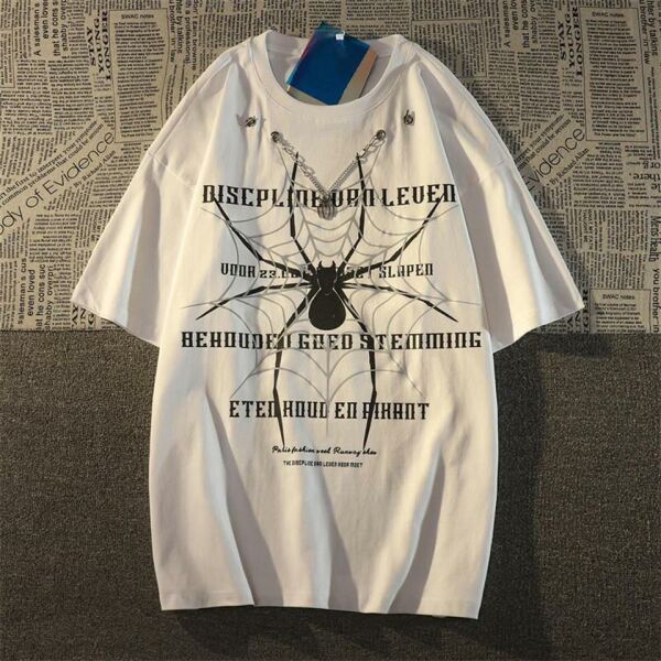 Spider Zincir Detaylı Spider Baskılı Beyaz Unisex Oversize T-shirt
