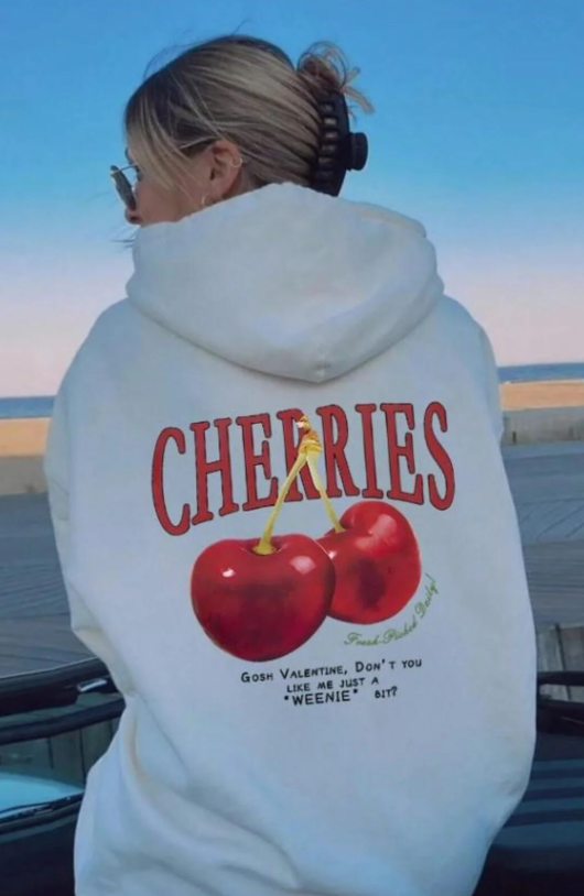 Street Wear Cherry Baskılı Oversize Unisex Ecru Kapşonlu Hoodie Sweatshirt