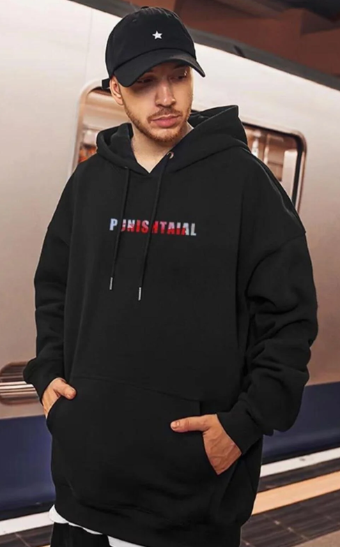 Street Wear PUNISHTAIAL Baskılı Oversize Unisex Siyah Kapşonlu Hoodie Sweatshirt
