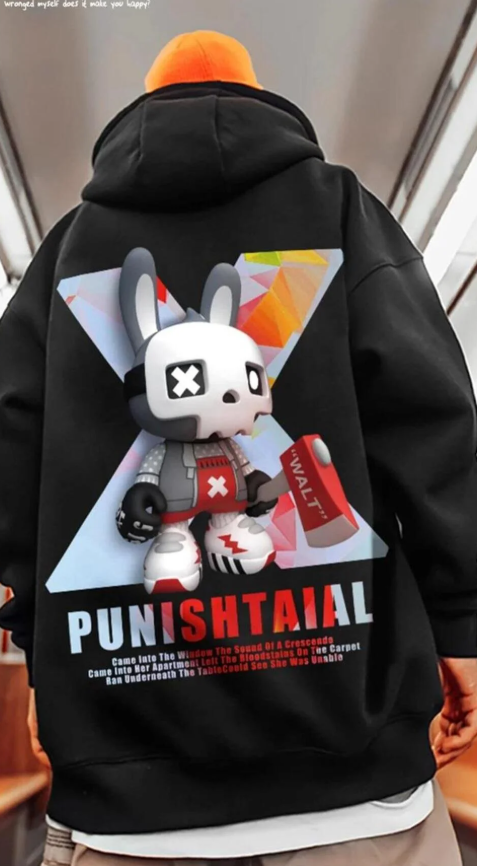 Street Wear PUNISHTAIAL Baskılı Oversize Unisex Siyah Kapşonlu Hoodie Sweatshirt