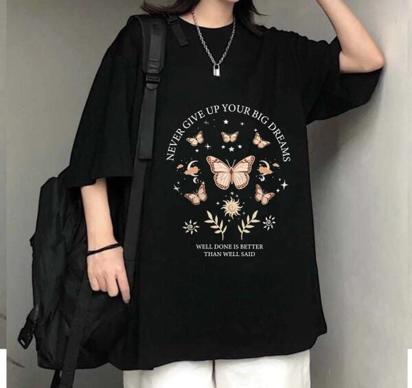 Never Gıve Up Your Bıg Dreams Baskılı Siyah T-Shirt