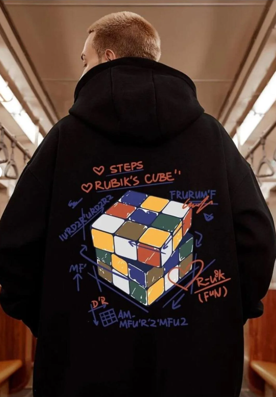 Street Wear Rubik Küp Baskılı Oversize Unisex Siyah Kapşonlu Hoodie Sweatshirt