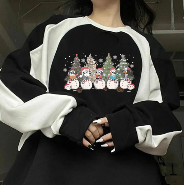 Streetwear New Year Cute Dog Baskılı Siyah Unisex Oversize Bisiklet Yaka Sweatshirt