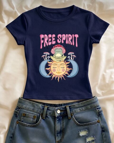 Free Spırıt Baskılı Laciver Kemer Boy Y2K Kısa Kollu Crop