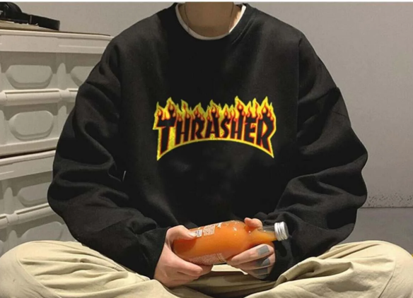 Thrasher Baskılı Siyah Unisex Oversize Bisiklet Yaka Sweatshirt