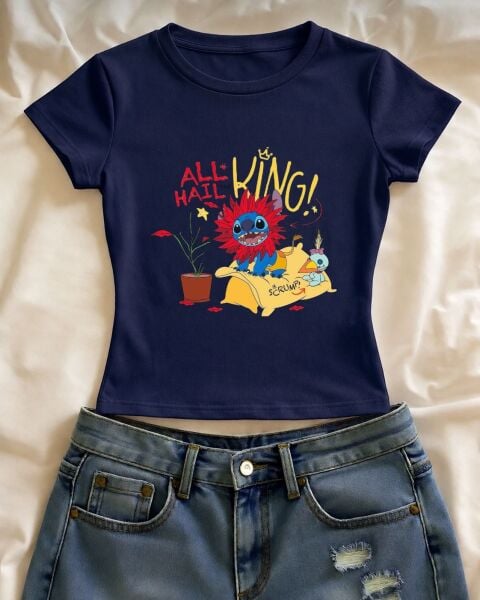 All Hail King Stıtch Baskılı Lacivert Kemer Boy Y2K Kısa Kollu T-Shirt